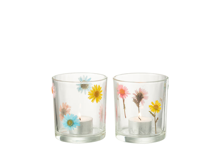 J-Line windlicht Posy - glas - transparant|mix - medium - 2 stuks