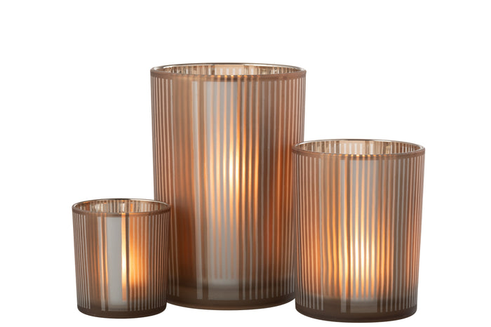 J-Line windlicht Strepen - glas - bruin|wit - large