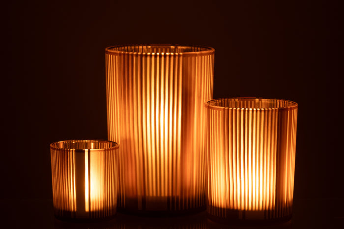 J-Line windlicht Strepen - glas - bruin|wit - large