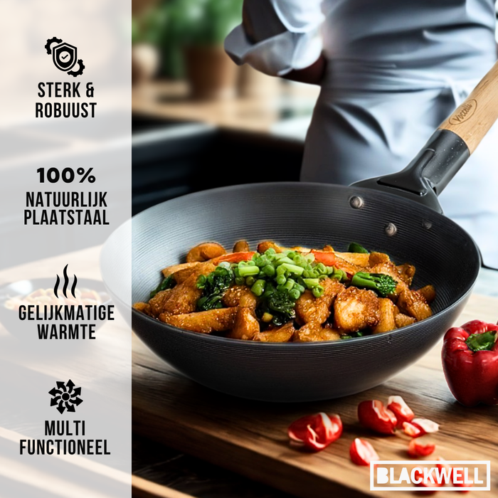 Blackwell Pannenset Voccelli Carbonstaal - Koekenpan ø 28 cm & Wokpan ø 30 cm - zonder anti-aanbaklaag - 2 Delig