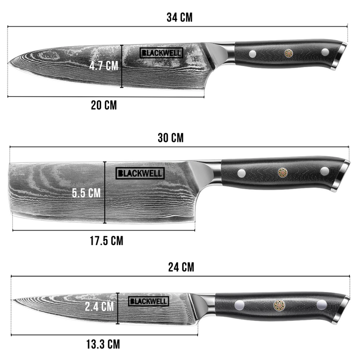 Blackwell Messenset (Koksmes + Groentemes + Officemes) - Japanse stijl - 67 lagen damaststaal - VG10 - 3-delig