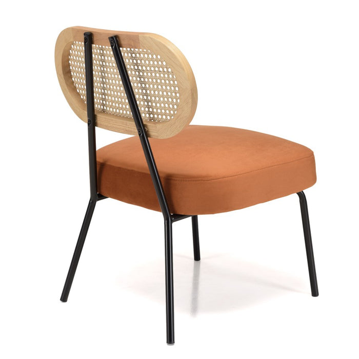 ALBANE - Fauteuil métal noir assise velours orange ambré dossier rotin