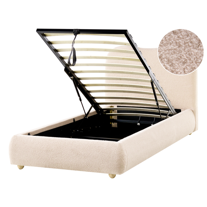 Beliani-BLAGNAC-Bed met opbergruimte-Lichtbeige-90 x 200 cm-Bouclé