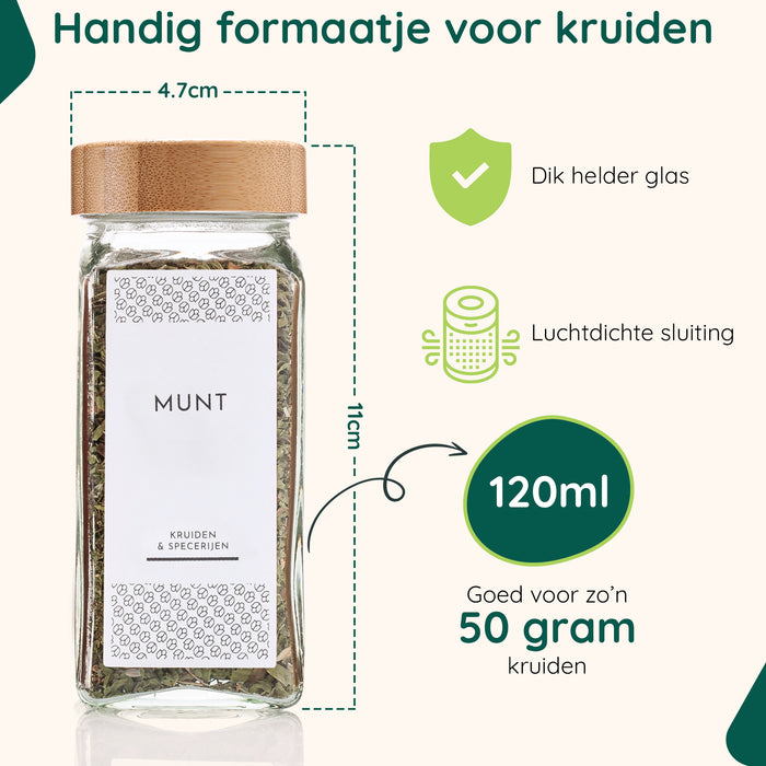 XIVADA Glazen kruidenpotjes vierkant - Stickers - Bamboe - 24 stuks