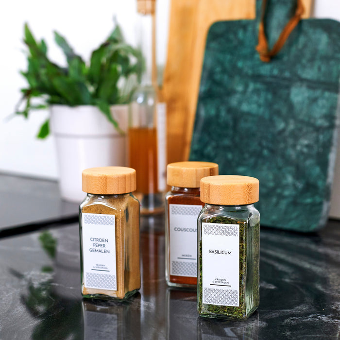 XIVADA Glazen kruidenpotjes vierkant - Stickers - Bamboe - 24 stuks