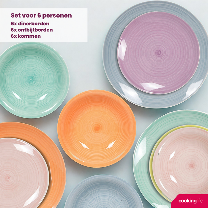 Cookinglife Serviesset Pastel Harmony 18-delig | 6 personen - 6 dinerborden, 6 ontbijtborden en 6 kommen