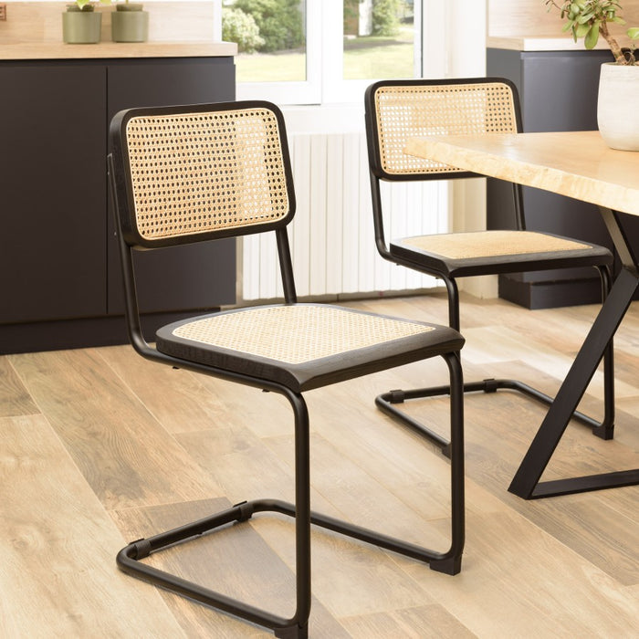 PIERRE - Lot de 2 chaises assise bois noir|rotin naturel pieds métal