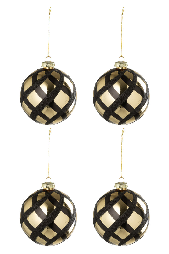 J-Line kerstbal Geruit - glas - goud|zwart - doos van 4