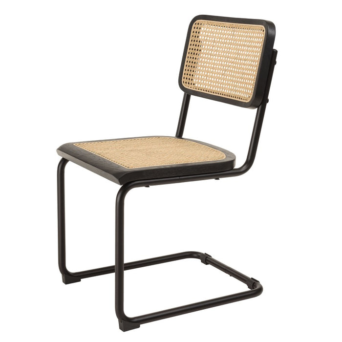 PIERRE - Lot de 2 chaises assise bois noir|rotin naturel pieds métal