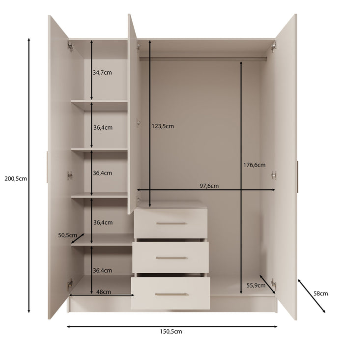 Meubella - Komodo - Kledingkast met 3 deuren - Beige - 150x61x201 cm