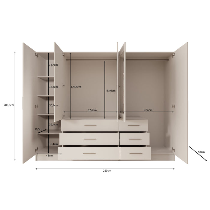 Meubella - Komodo - Kledingkast met 5 deuren - Wit - 250x61x201 cm