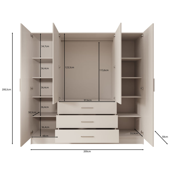 Meubella - Komodo - Kledingkast met 4 deuren - Beige - 200x61x201 cm
