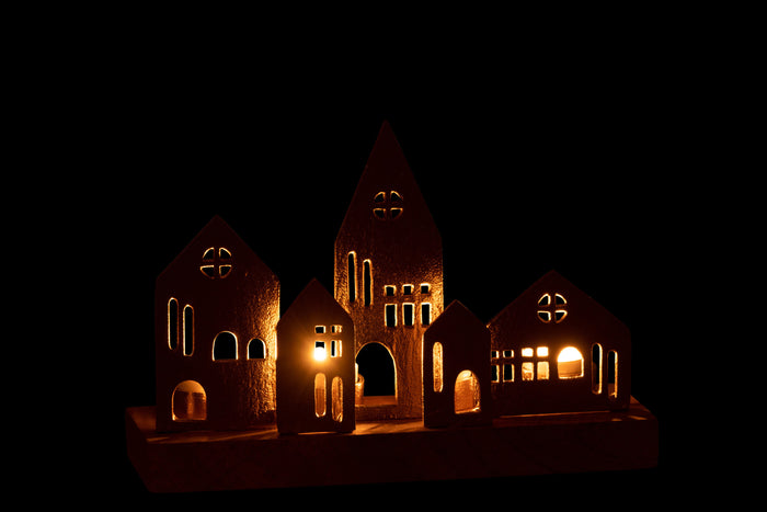 J-Line theelichthouder Huis - aluminium|hout - goud|naturel