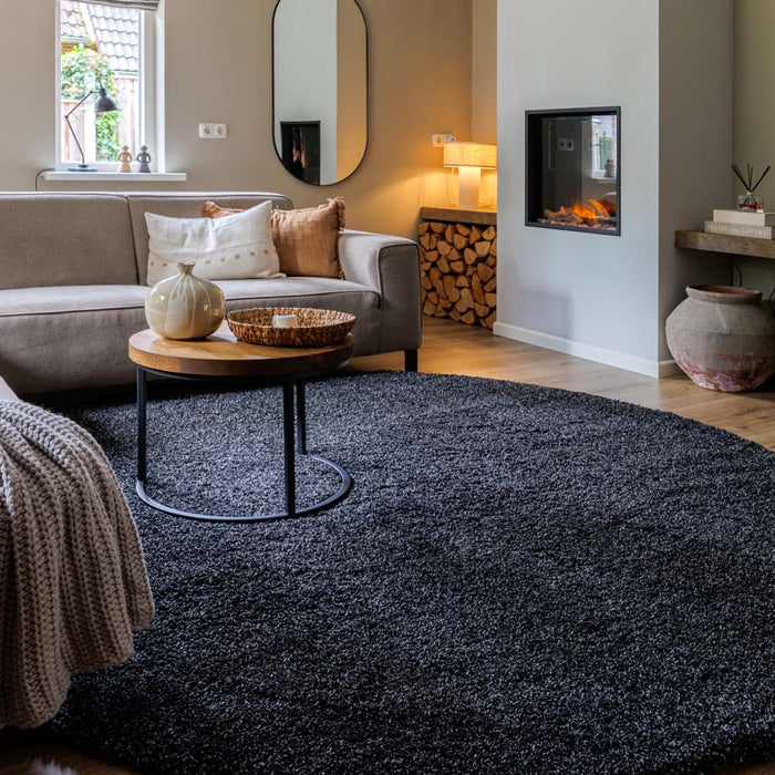 Tapeso Rond hoogpolig vloerkleed shaggy Grand effen - antraciet - 200