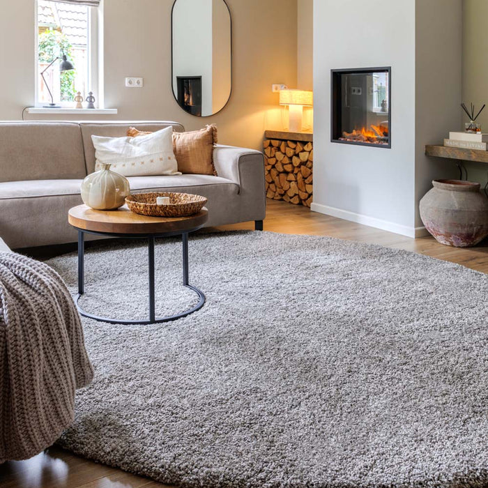 Tapeso Rond hoogpolig vloerkleed shaggy Grand effen - lichtgrijs - 160