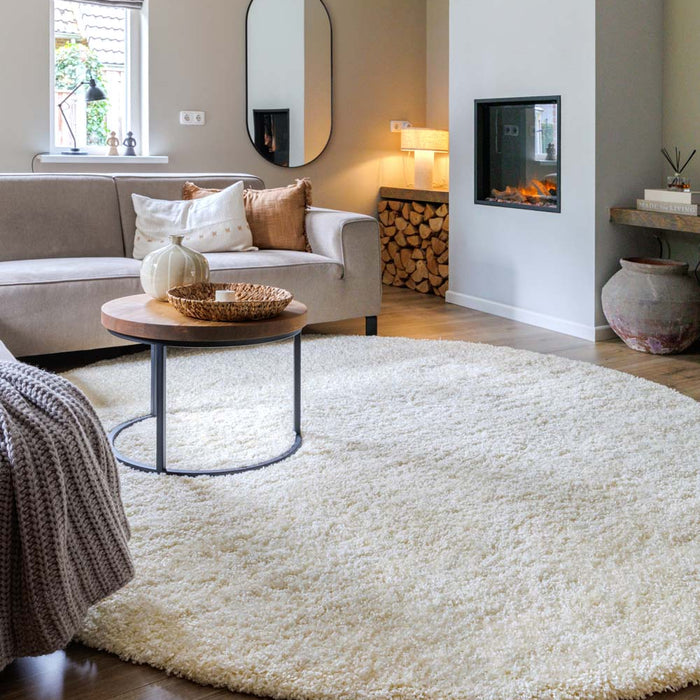 Tapeso Rond hoogpolig vloerkleed shaggy Grand effen - crème - 80 cm