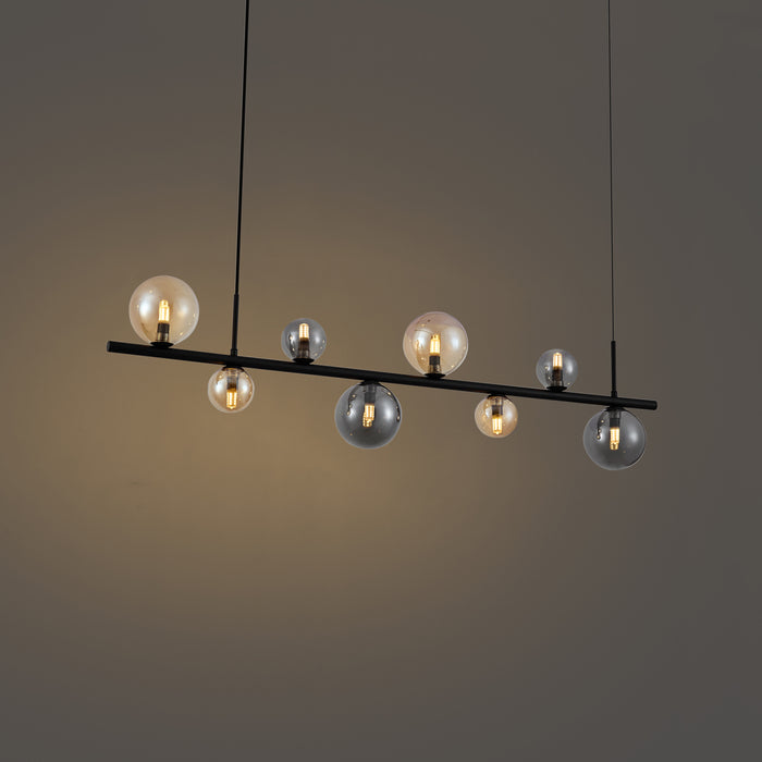 QAZQA Hanglamp zwart met smoke en amber glas langwerpig 8-lichts -