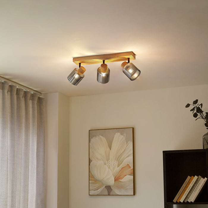 QAZQA Moderne spot hout met smoke glas 3-lichts draai- en kantelbaar