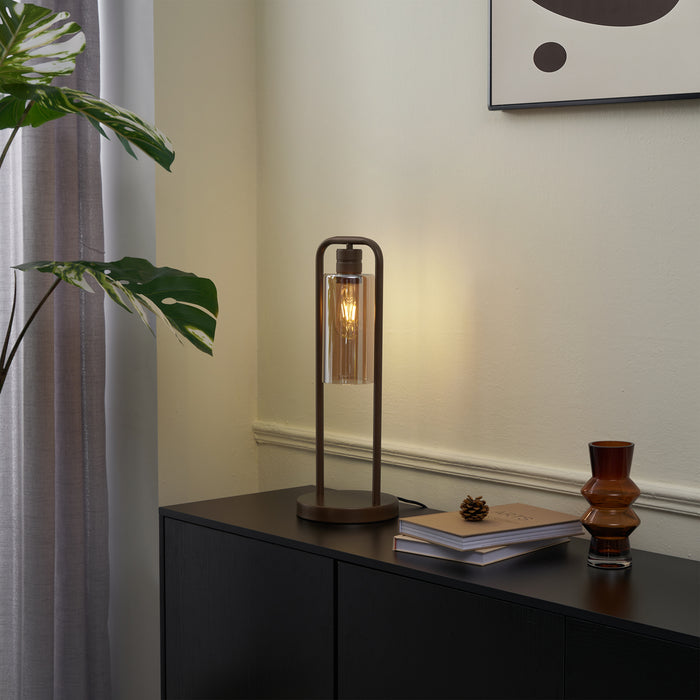 QAZQA Hotel Chique tafellamp donker brons met amber glas - Stavelot