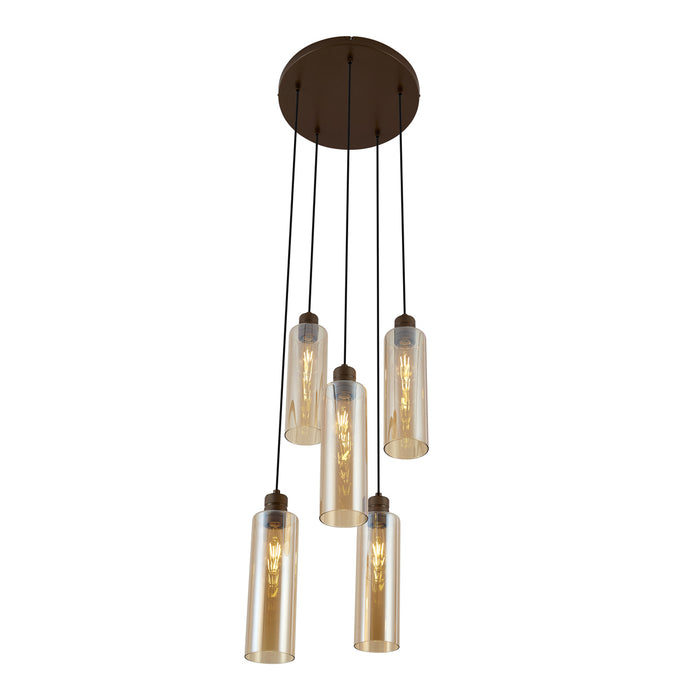 QAZQA Hotel Chique hanglamp donker brons met amber glas 5-lichts -