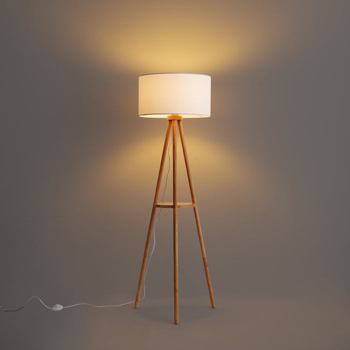 QAZQA Scandinavische vloerlamp hout met stoffen kap wit - Lou
