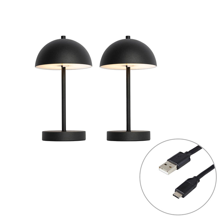 QAZQA Set van 2 buiten tafellampen mushroom zwart oplaadbaar - Keira