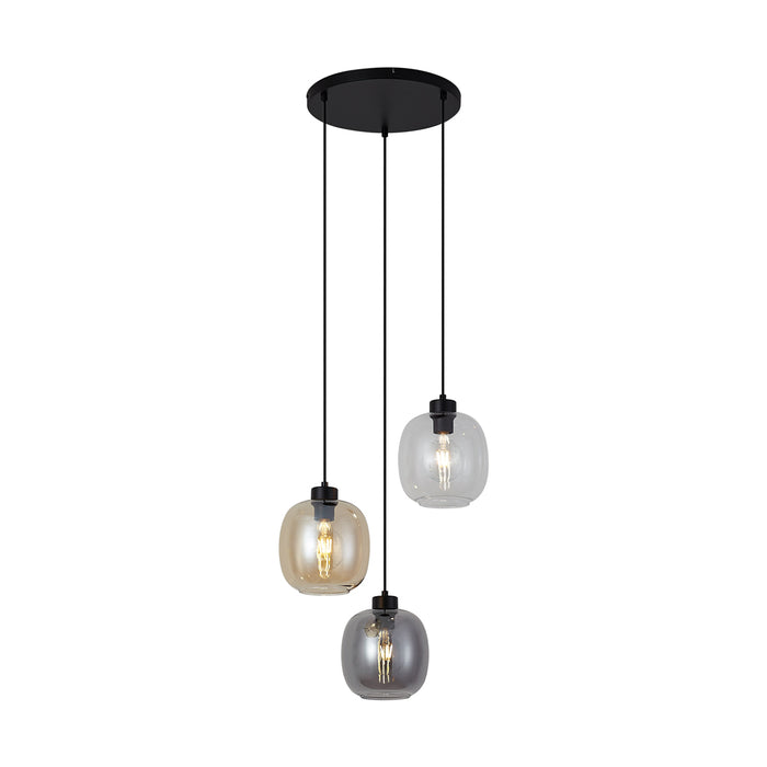 QAZQA Hanglamp zwart met amber en smoke en helder glas 3-lichts -