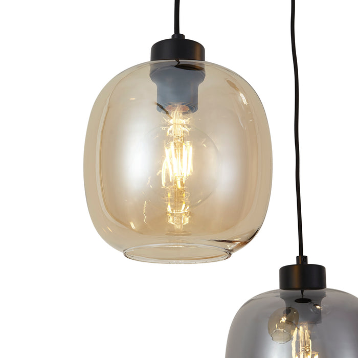 QAZQA Hanglamp zwart met amber en smoke en helder glas 3-lichts -