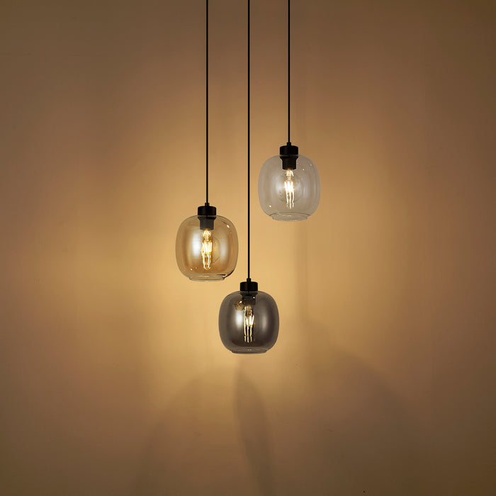 QAZQA Hanglamp zwart met amber en smoke en helder glas 3-lichts -