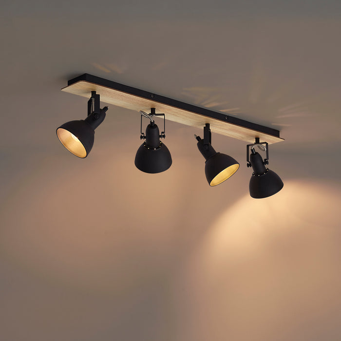 QAZQA Plafondspot zwart met hout 4-lichts draai- en kantelbaar -
