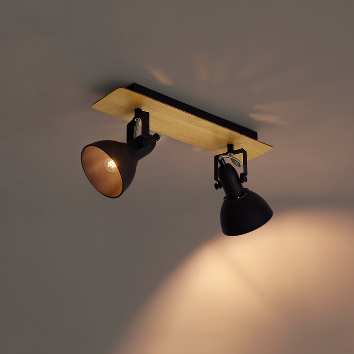 QAZQA Plafondspot zwart met hout 2-lichts draai- en kantelbaar -