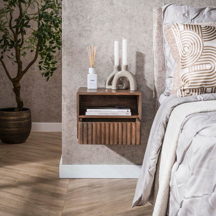 Hoyz Collection - Nachtkastje Zwevend Open Vak 1 Lade - Acacia Bruin