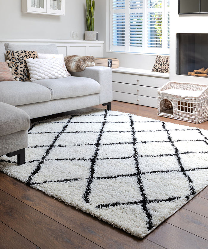 Boho&me Vierkant hoogpolig vloerkleed ruiten Habitat - wit|zwart -