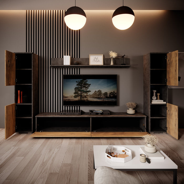 Meubella - Pure XL - Wandmeubel - Eiken|Grijs - 180x33x130 cm