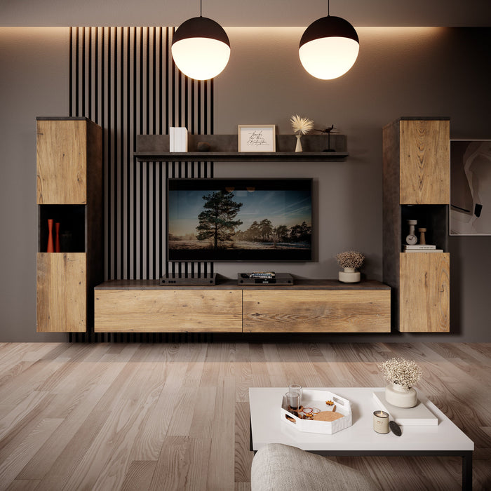 Meubella - Pure XL - Wandmeubel - Eiken|Grijs - 180x33x130 cm