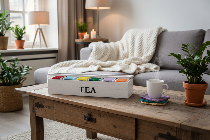 Sakura Tea Theedoos - Hout Wit - 6-Vaks - met Glazen Deksel