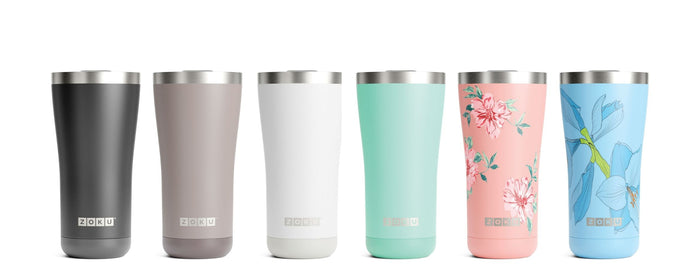 Thermosbeker RVS, 550 ml, Roze Bloem Design, 3-in-1 - Zoku