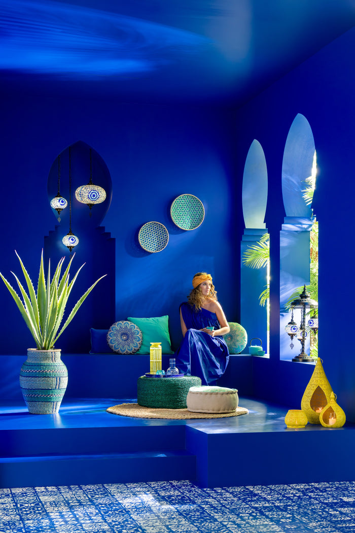 J-Line poef Rond Bloem - katoen - turquoise|blauw - 2 stuks