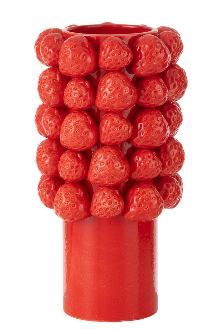 J-Line vaas Strawberries - keramiek - rood - large - 34.5 cm hoog