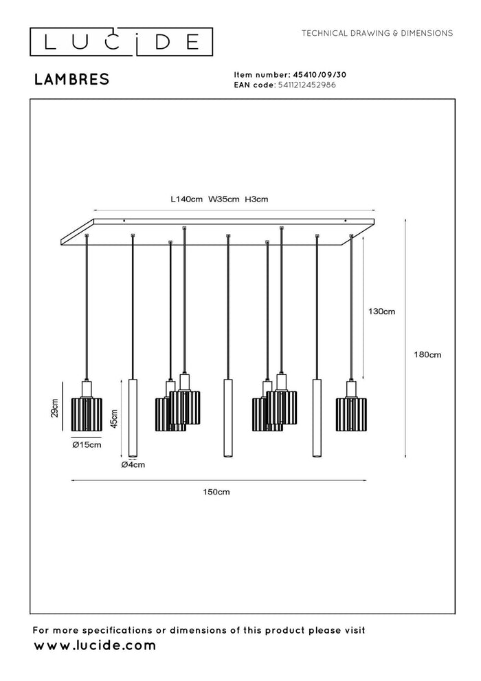 Lucide LAMBRES Hanglamp - Zwart