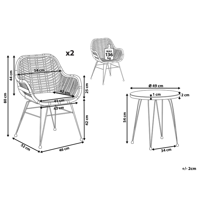 Beliani - TROPEA II - Bistroset voor 2 - Natuurlijk - PE rotan