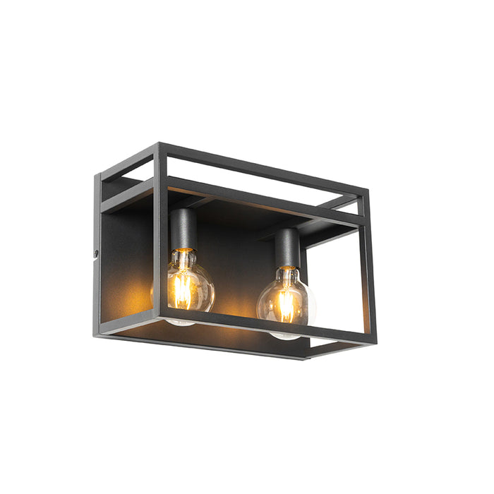 QAZQA Industriële wandlamp zwart met rek 2-lichts - Cage Rack
