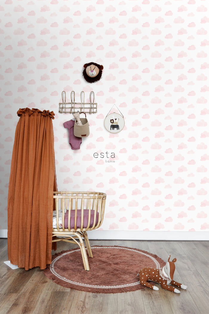 ESTAhome behang gestempelde wolkjes licht roze en wit - 53 cm x 10,05