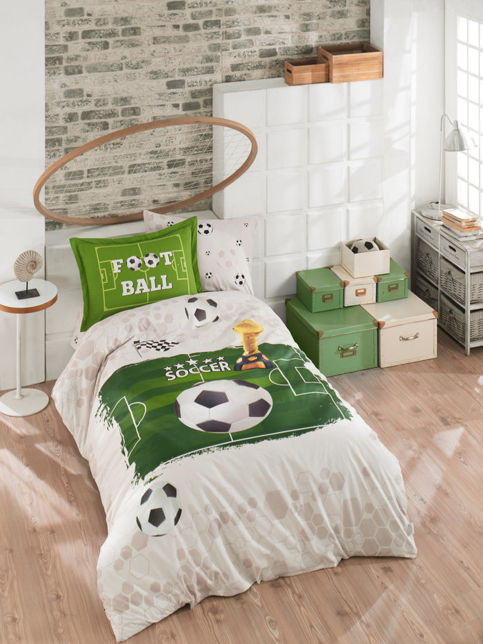 LINNICK Kinder Dekbedovertrek katoen Soccer - green 140x200cm