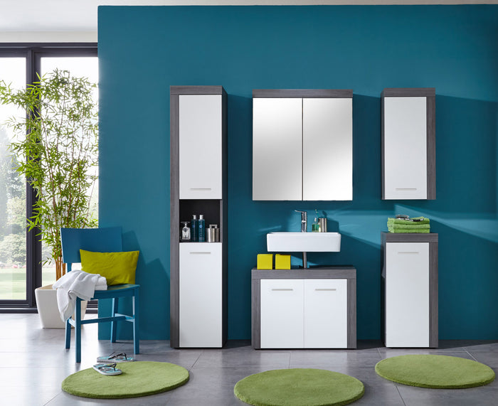 Hioshop MiamiMaine kolomkast 2 deuren, 1 open vak rookzilver, wit.