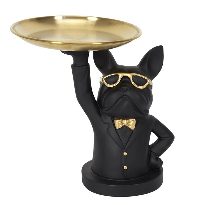 Beeld Bulldog Butler met Goudkleurige dienblad - Zwart - H23 cm