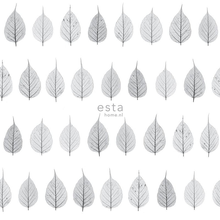ESTAhome behang skeletbladeren zwart, licht warm grijs en mat wit - 12