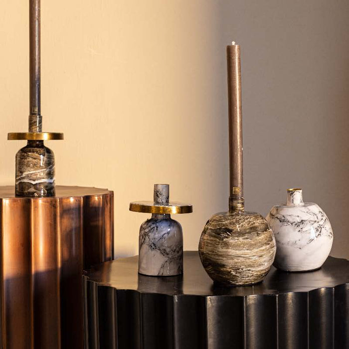 PTMD Randy Ronde Kandelaar Marmer - H13 x Ø11 cm - Ijzer - Wit