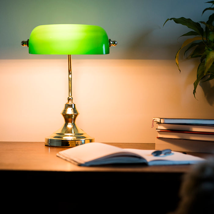 QAZQA Klassieke tafellamp|notarislamp messing met groen glas - Banker