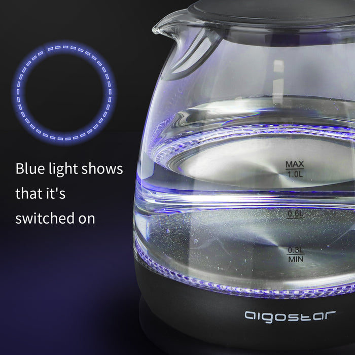 Aigostar Elfin 30IAX - 1L Glazen waterkoker met LED - Zwart